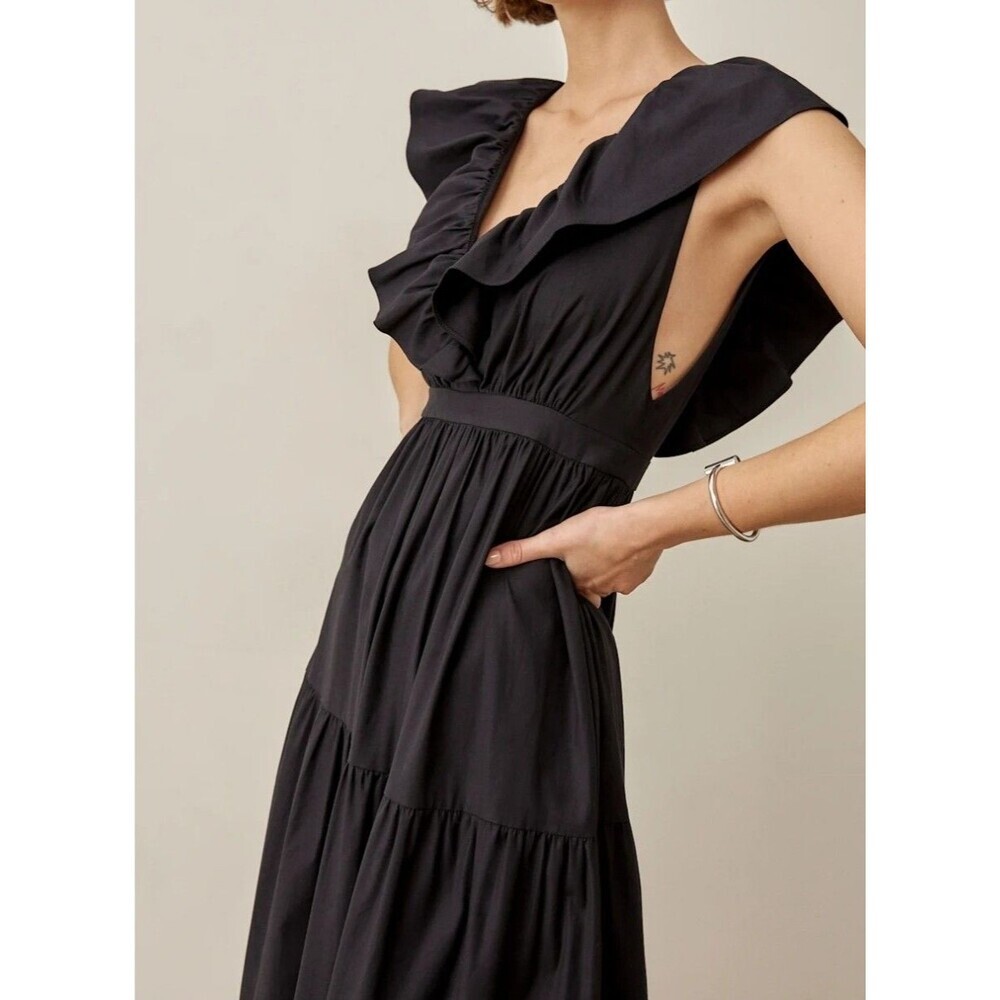 Reformation Black maxi dress with ruffle hem and V neckline SIZE 6